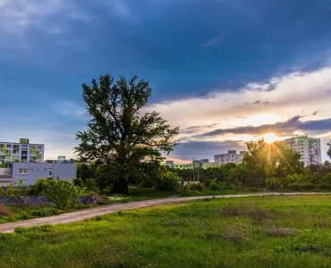 Un terrain verdoyant à coté d'un quartier