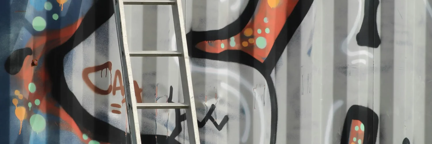 Une échelle posée sur un conteneur avec des graffiti