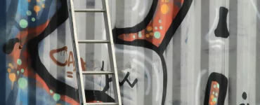 Une échelle posée sur un conteneur avec des graffiti